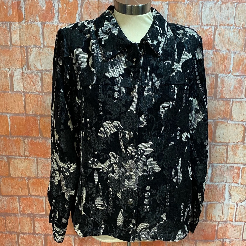 Christopher & Banks Black Tapestry Buttonโ Front Jacket